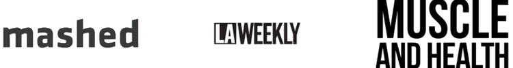 Logos of Mashed, LA Weekly, and Delish, showcasing media features in bold black and white styles.