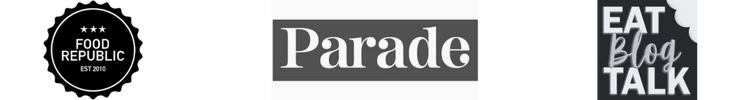 Featured on Food Republic, Parade, and Eat Blog Talk, with distinctive black, gray, and white logos.
