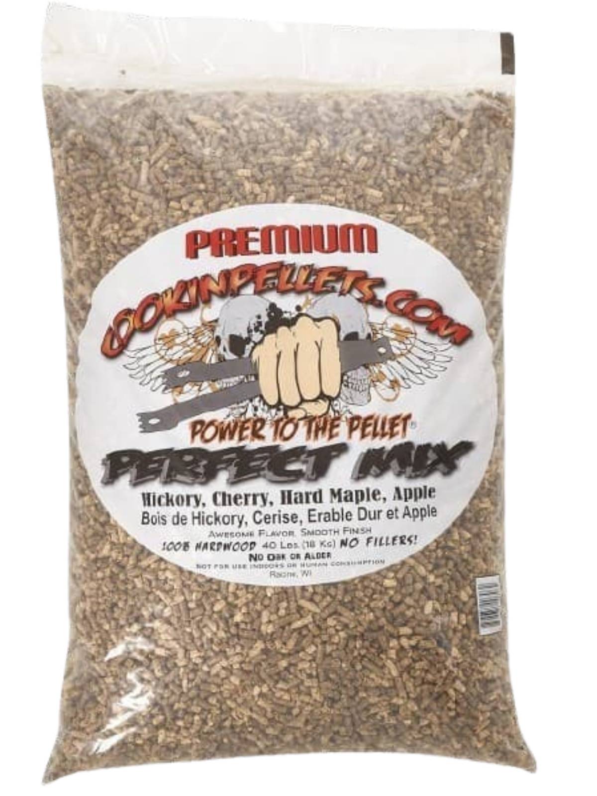 Bag of CookinPellets Perfect Mix wood pellets made from hickory, cherry, hard maple, and apple for smoking and grilling.