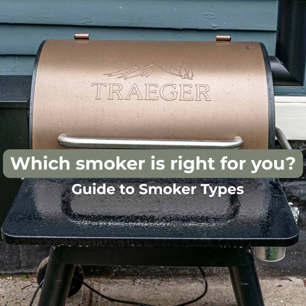 Traeger smoker, text overlay reads 'Which Smoker Is Right for You? Guide to Smoker Types'.
