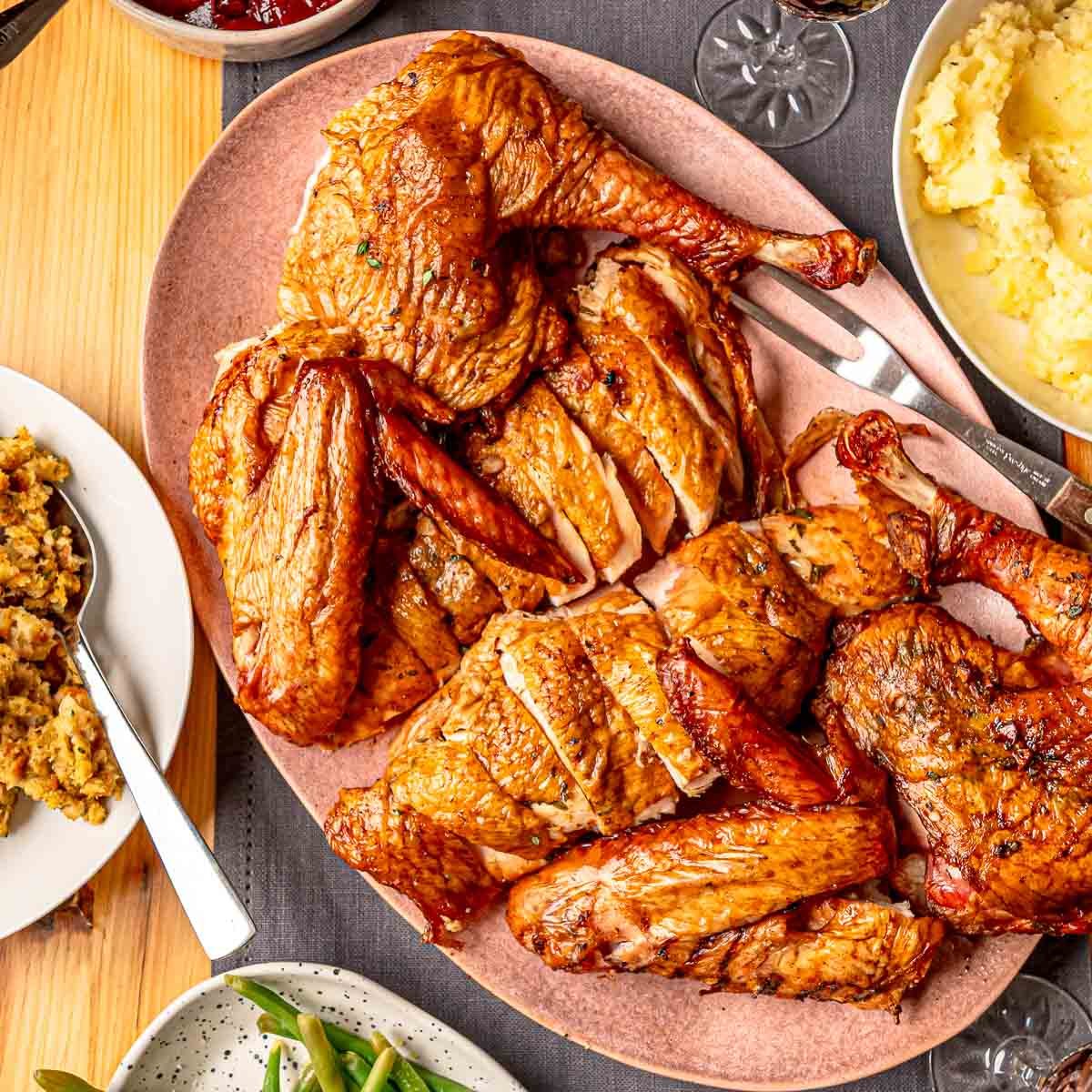 Carved turkey on a platter.