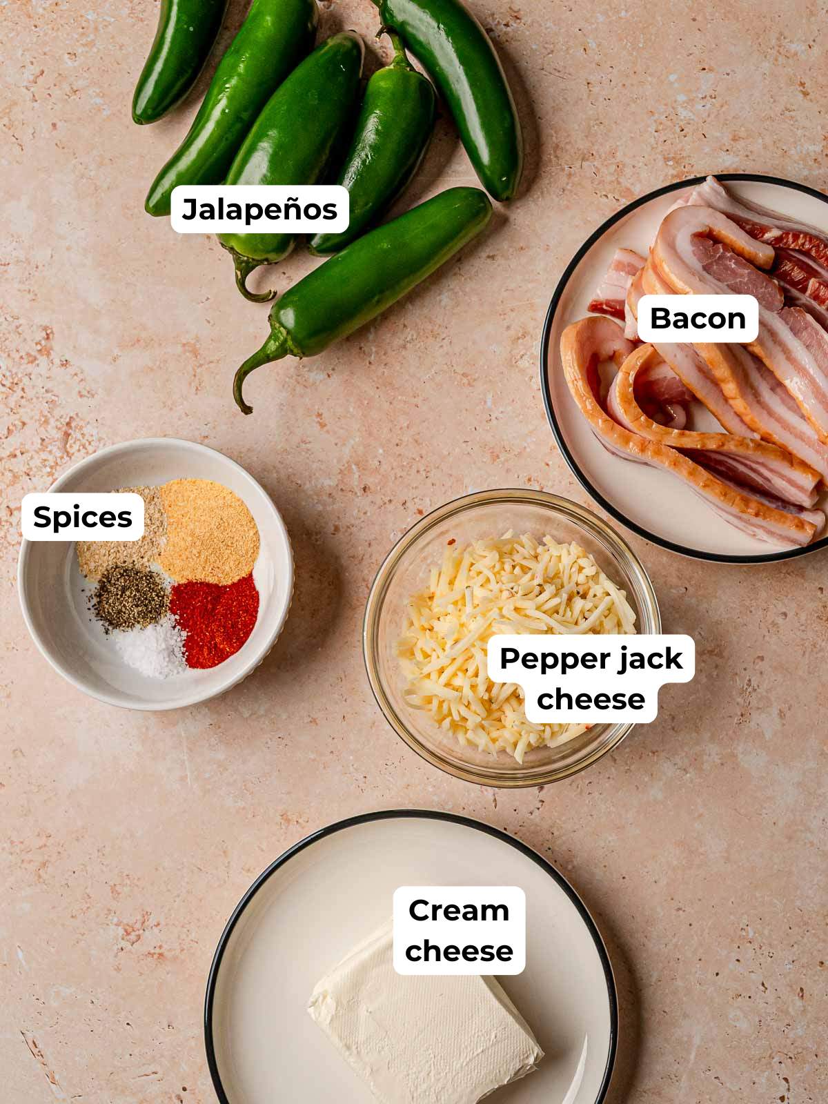 Ingredients for smoked bacon-wrapped jalapeño poppers.