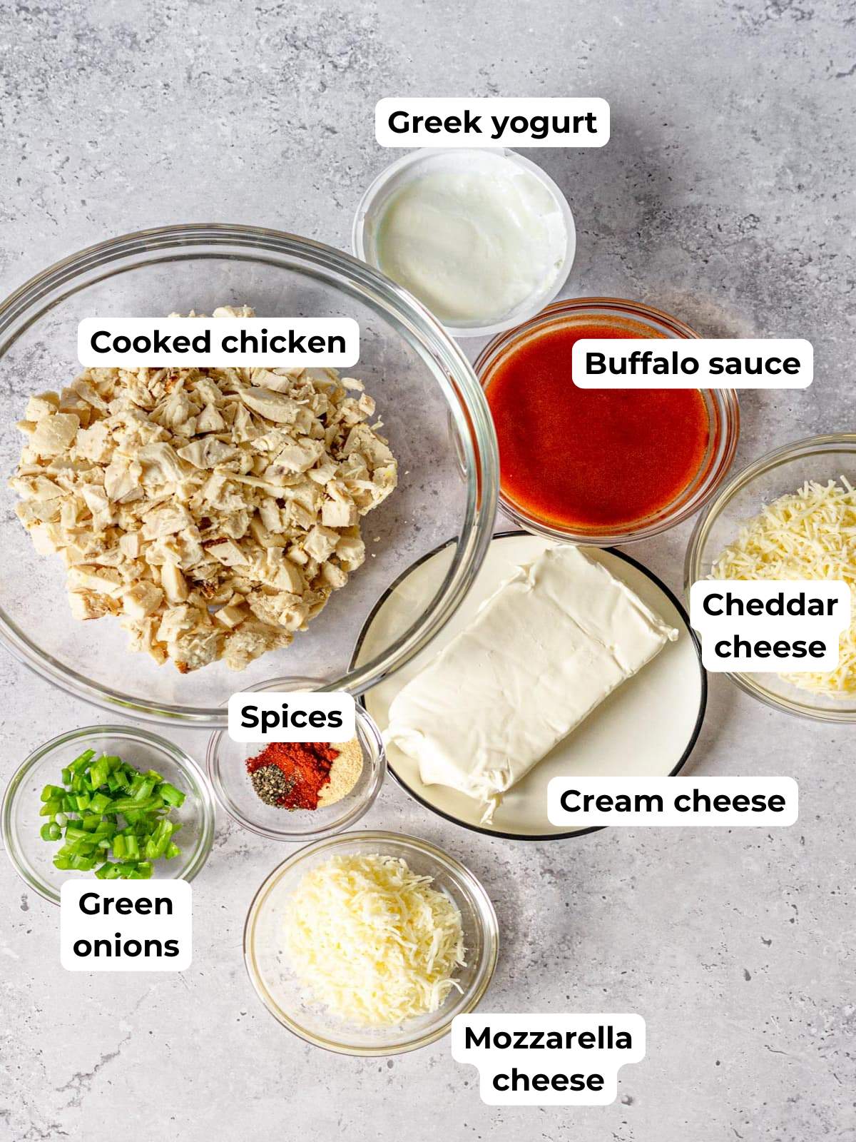 Ingredients for smoked buffalo chicken dip.