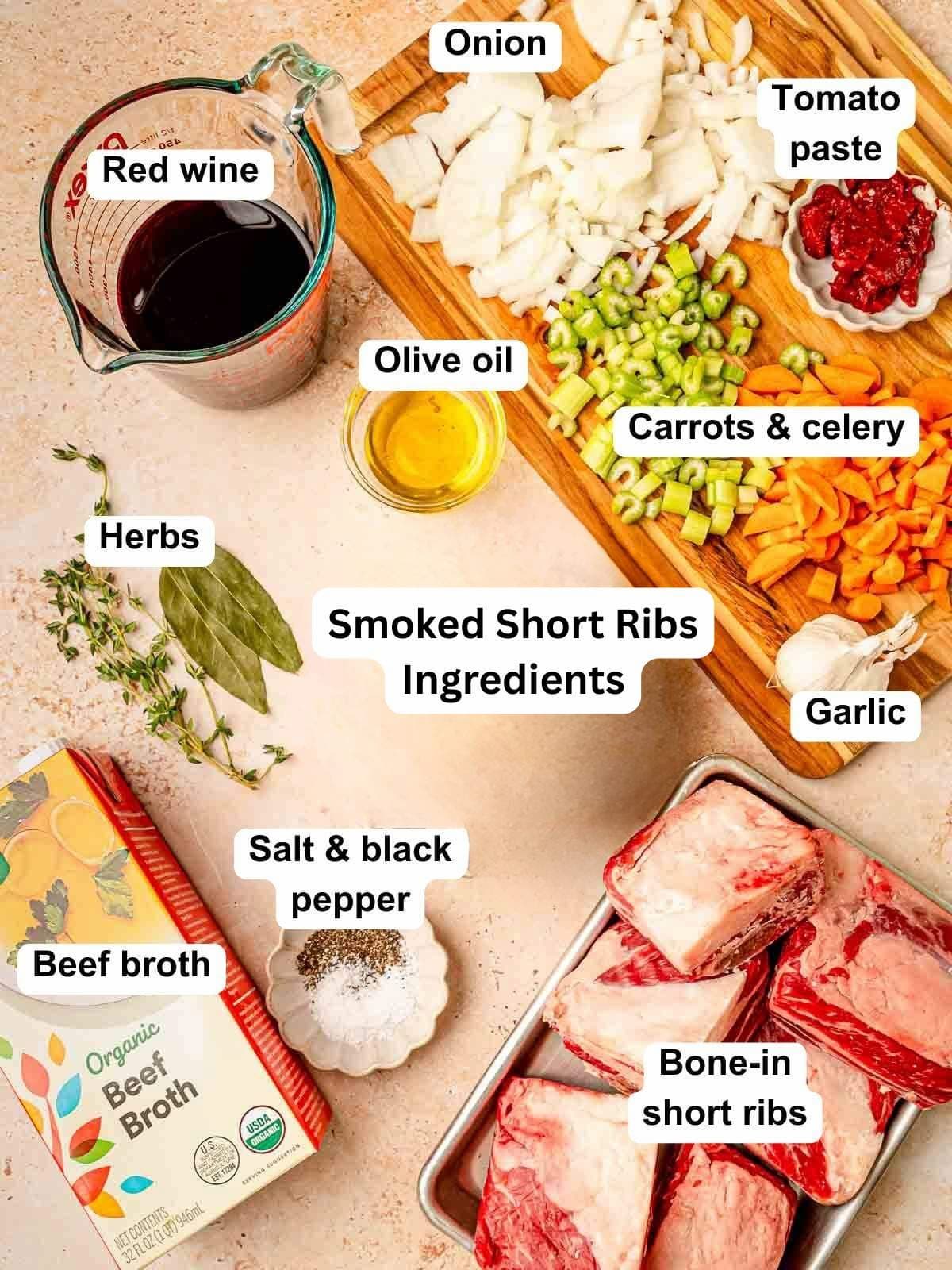 Ingredients for smoked red wine short ribs.