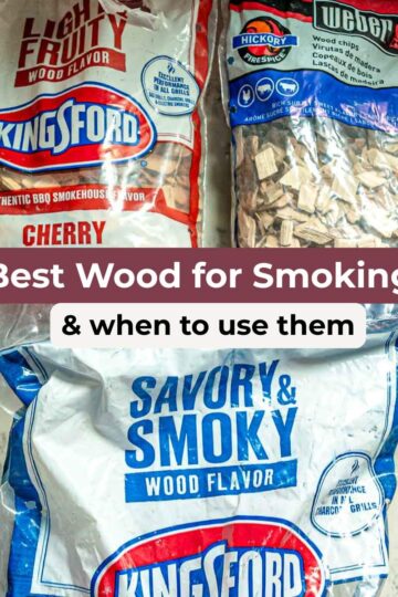 Bags of wood chips including Kingsford cherry and Weber hickory varieties arranged on a marble counter.