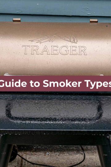 Bronze Traeger pellet grill with lid closed positioned on a driveway against blue house siding.